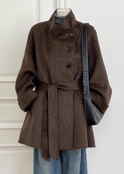 Italian Brown Pockets Patchwork Tie Waist Woolen Coat Long Sleeve