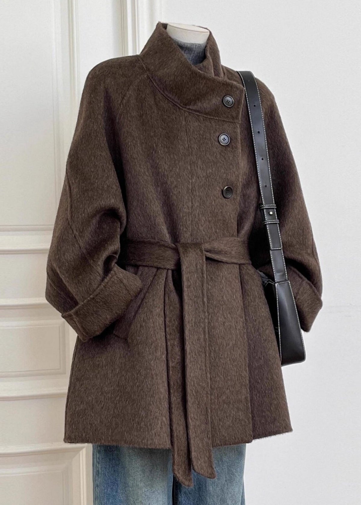 Italian Brown Pockets Patchwork Tie Waist Woolen Coat Long Sleeve
