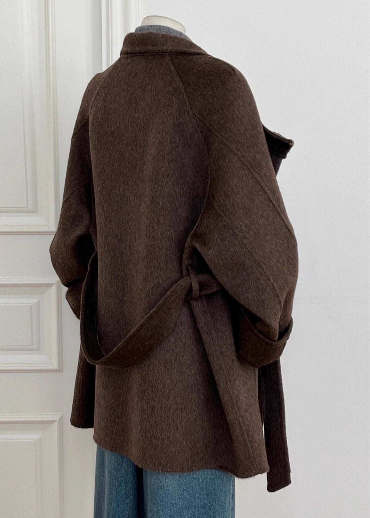 Italian Brown Pockets Patchwork Tie Waist Woolen Coat Long Sleeve