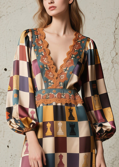 Italian Brown Print Lace Patchwork Silk Long Dresses Spring