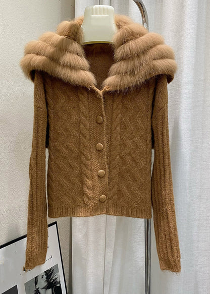 Italienische braune Strickjacke mit Matrosenkragen und Reißverschluss aus Baumwolle für den Winter