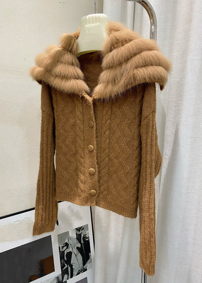 Italienische braune Strickjacke mit Matrosenkragen und Reißverschluss aus Baumwolle für den Winter