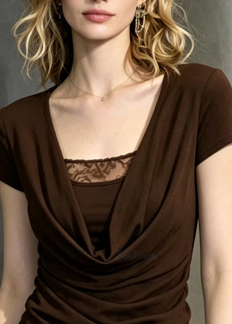 Italian Brown Turtle Neck Patchwork Chiffon Shirt Tops Summer