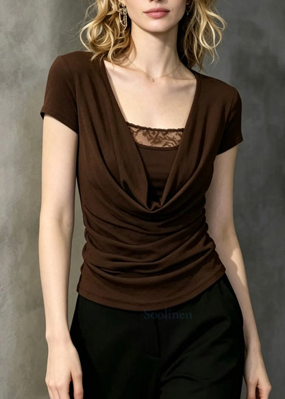 Italian Brown Turtle Neck Patchwork Chiffon Shirt Tops Summer