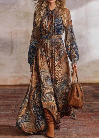 Italian Camel O-Neck Print Exra Large Hem Vacation Dresses Long Sleeve