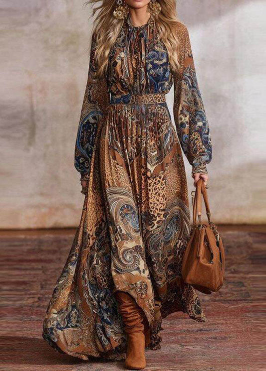 Italian Camel O-Neck Print Exra Large Hem Vacation Dresses Long Sleeve