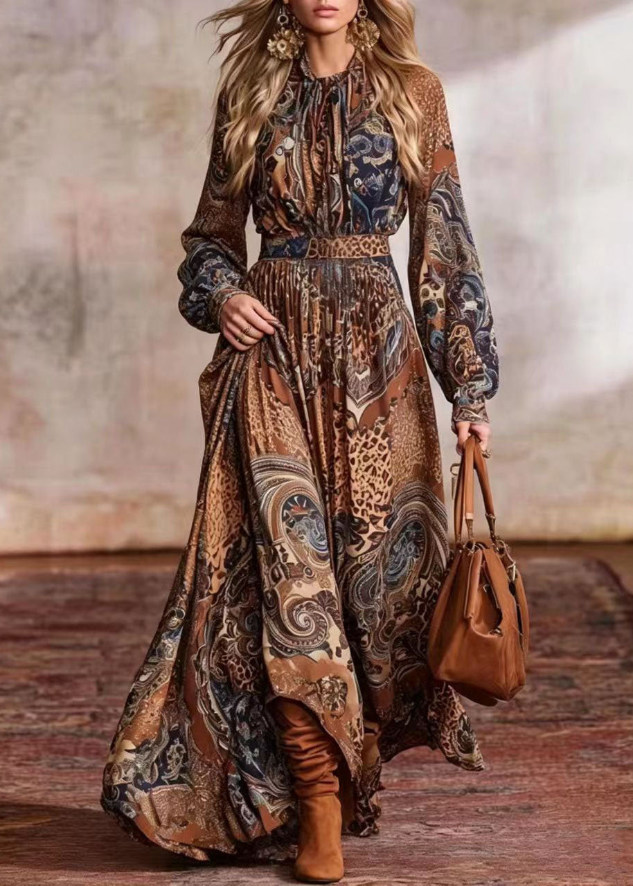 Italian Camel O-Neck Print Exra Large Hem Vacation Dresses Long Sleeve