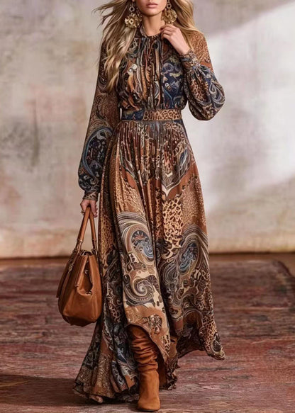 Italian Camel O-Neck Print Exra Large Hem Vacation Dresses Long Sleeve