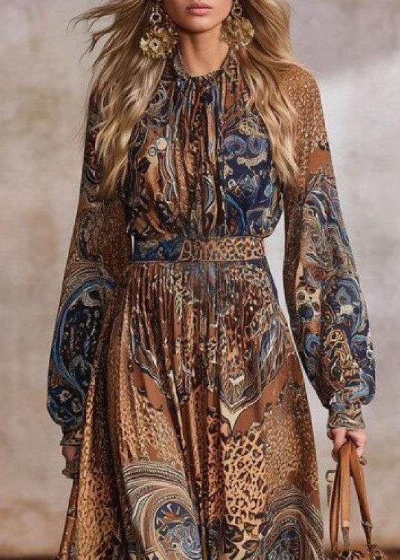Italian Camel O-Neck Print Exra Large Hem Vacation Dresses Long Sleeve