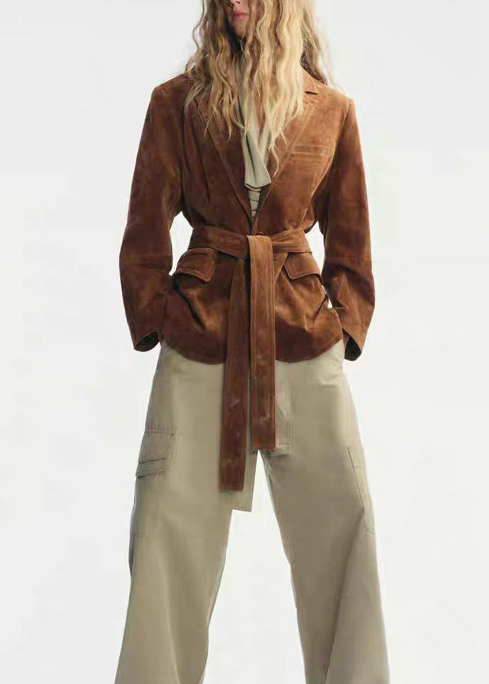 Italian Caramel Peter Pan Collar Lace Up Coats Fall