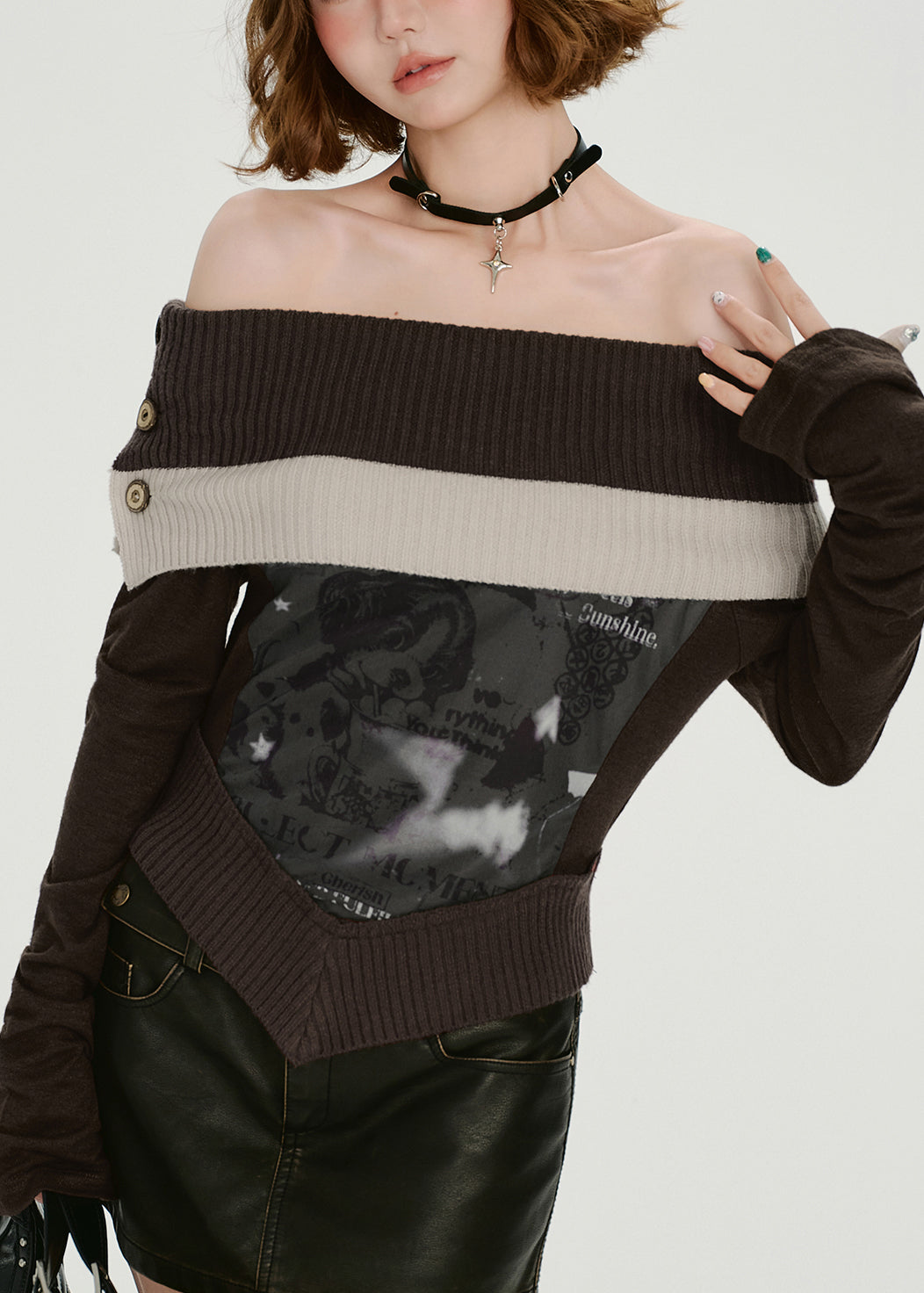 Italienische Schokoladen-Patchwork-Strickhemden mit kalten Schultern, Frühling