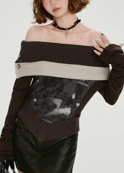 Italienische Schokoladen-Patchwork-Strickhemden mit kalten Schultern, Frühling