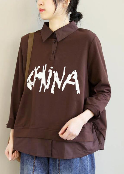 Italian Chocolate Letter Clothes For Women Lapel Patchwork Box Spring Tops - SooLinen