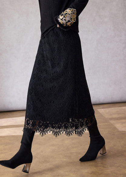 Italienischer Kaffeerock mit elastischem Bund, schmal geschnitten, aus Spitze, Frühling