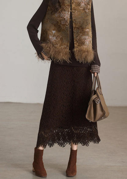 Italienischer Kaffeerock mit elastischem Bund, schmal geschnitten, aus Spitze, Frühling