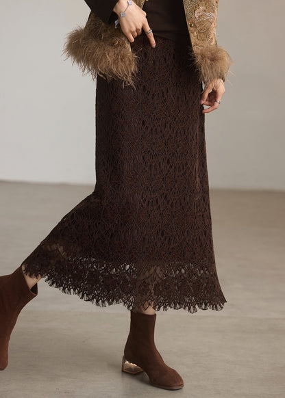 Italienischer Kaffeerock mit elastischem Bund, schmal geschnitten, aus Spitze, Frühling