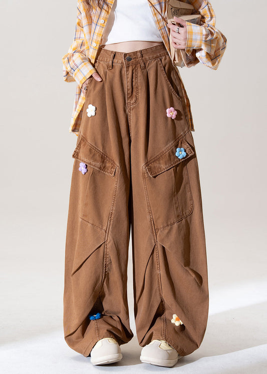Pantalones rectos de mezclilla con estampado floral y bolsillos de café italiano para primavera