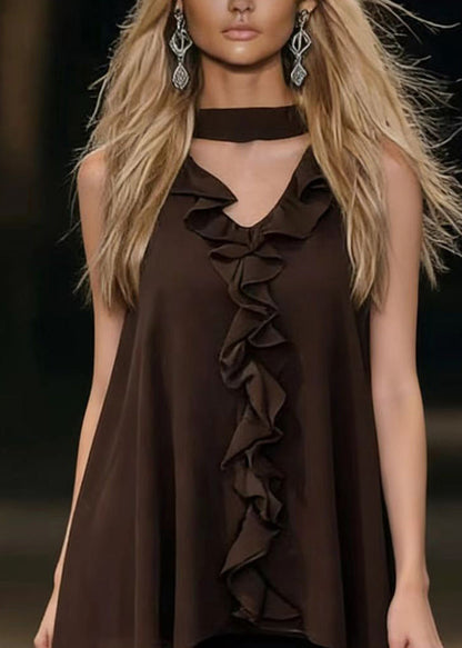 Italian Coffee Ruffled Patchwork Asymmetrical Chiffon Top Sleeveless