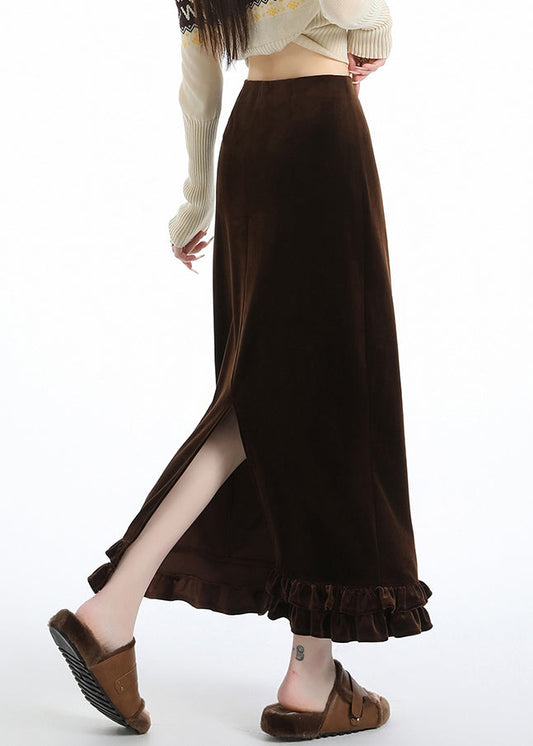 Italienische, kaffeefarbene, gerüschte, seitlich offene, warme Fleece-Seidensamtröcke für den Winter