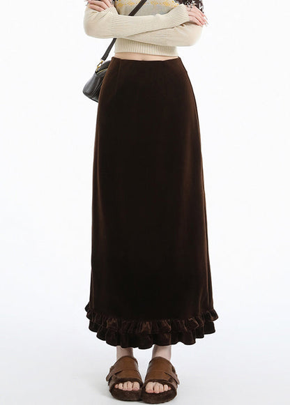 Italienische, kaffeefarbene, gerüschte, seitlich offene, warme Fleece-Seidensamtröcke für den Winter