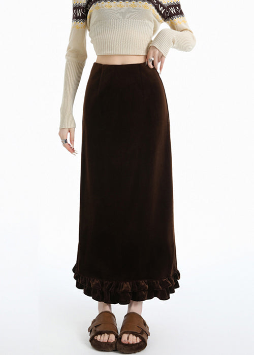 Italienische, kaffeefarbene, gerüschte, seitlich offene, warme Fleece-Seidensamtröcke für den Winter