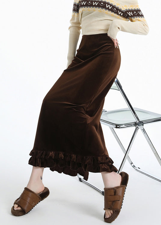 Italienische, kaffeefarbene, gerüschte, seitlich offene, warme Fleece-Seidensamtröcke für den Winter