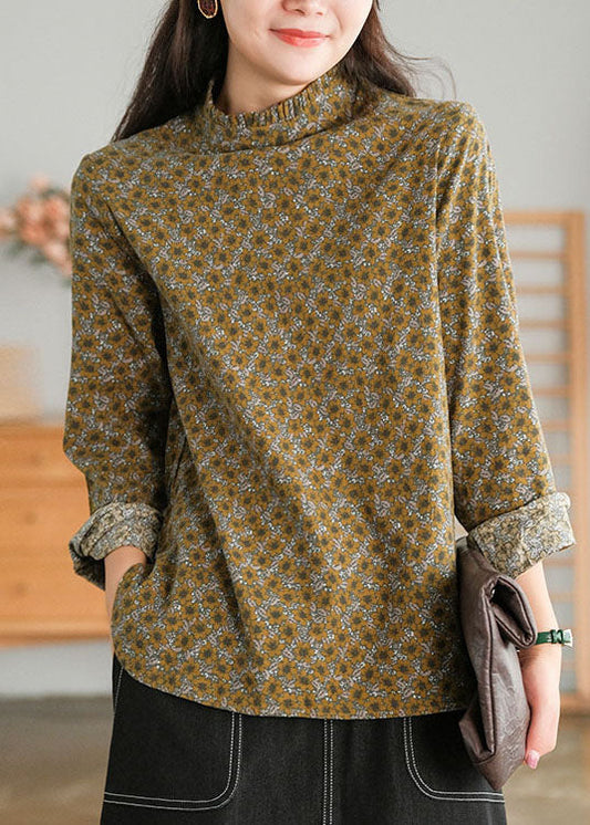 Italienische Schokoladenbraune Bluse mit Stehkragen und Knopfleiste, Rüschen, Baumwolle, langärmlig