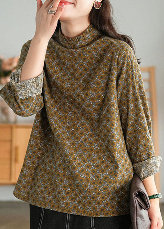 Italienische Schokoladenbraune Bluse mit Stehkragen und Knopfleiste, Rüschen, Baumwolle, langärmlig