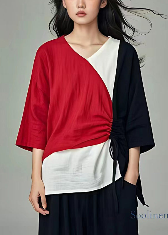 Italienisches Colorblock Cinched Patchwork Leinenhemd Tops Sommer