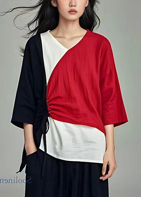 Italienisches Colorblock Cinched Patchwork Leinenhemd Tops Sommer