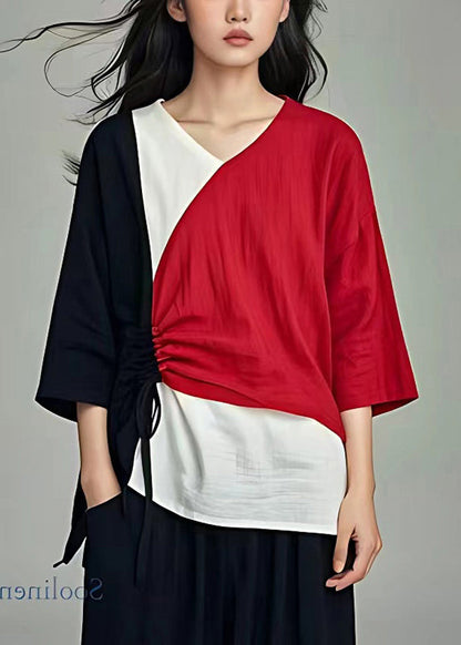 Italienisches Colorblock Cinched Patchwork Leinenhemd Tops Sommer