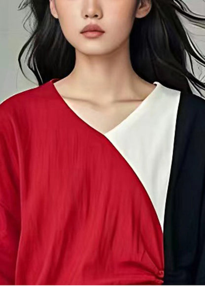 Italienisches Colorblock Cinched Patchwork Leinenhemd Tops Sommer