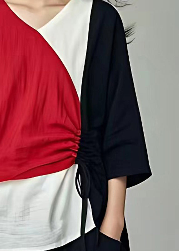 Italienisches Colorblock Cinched Patchwork Leinenhemd Tops Sommer