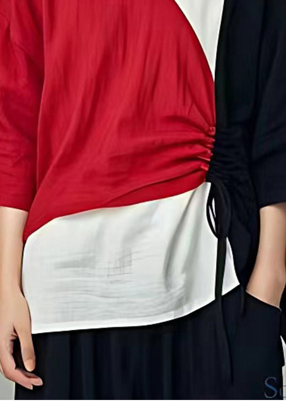 Italienisches Colorblock Cinched Patchwork Leinenhemd Tops Sommer