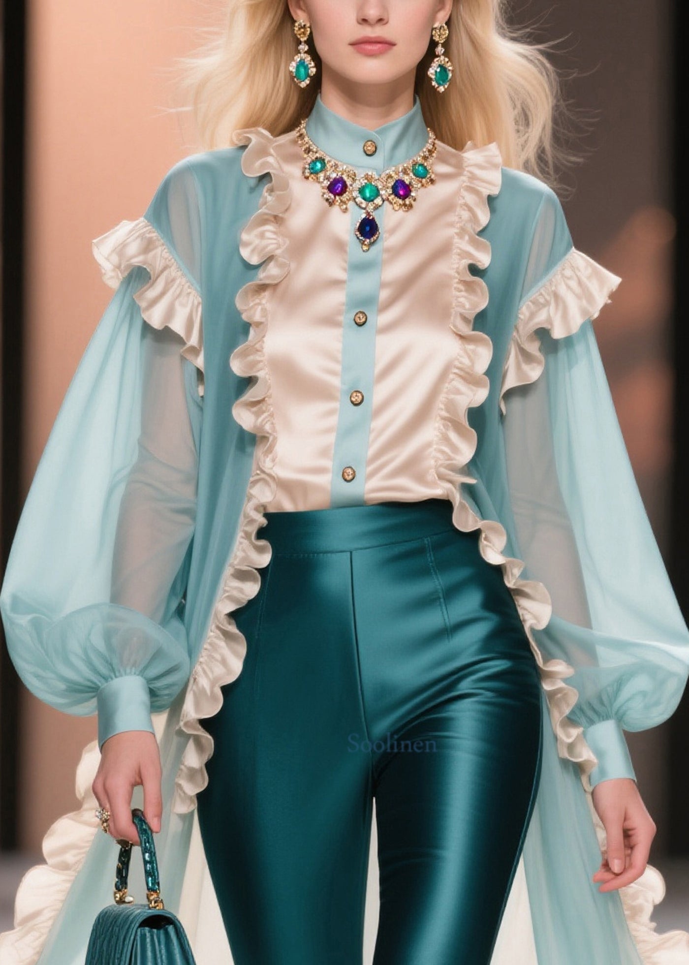Italian Colorblock Ruffled Patchwork Exra Large Hem Chiffon Long Tops Summer