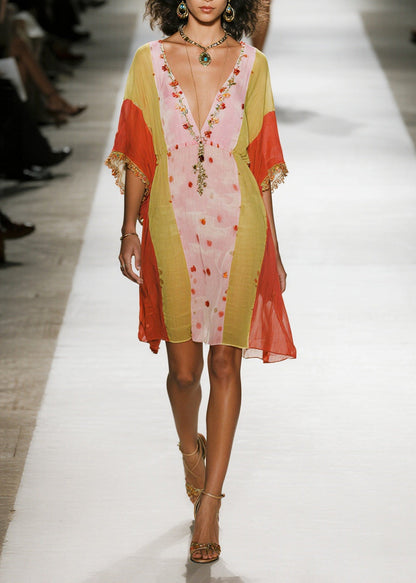 Italian Colorblock V Neck Print Cotton Mini Dresses Half Sleeve