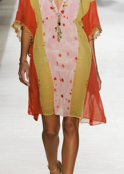 Italian Colorblock V Neck Print Cotton Mini Dresses Half Sleeve