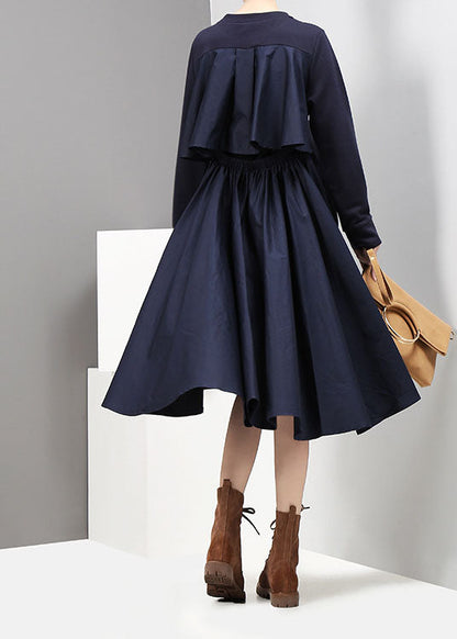 Italienische Dunkelblau O-Ausschnitt Low High Design Cinched Urlaubskleider Frühling