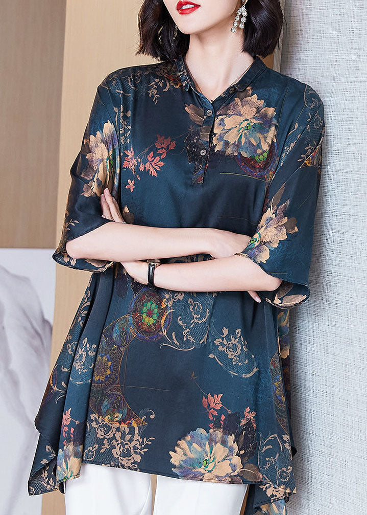 Italienische Dunkelblau Peter Pan Kragen taste Asymmetrische druck Seide tops Frühling