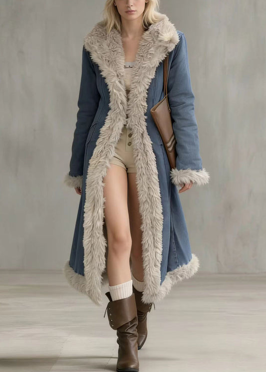 Italian Denim Blue Peter Pan Collar Patchwork Faux Fur Cotton Filled Trench Winter