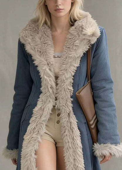 Italian Denim Blue Peter Pan Collar Patchwork Faux Fur Cotton Filled Trench Winter