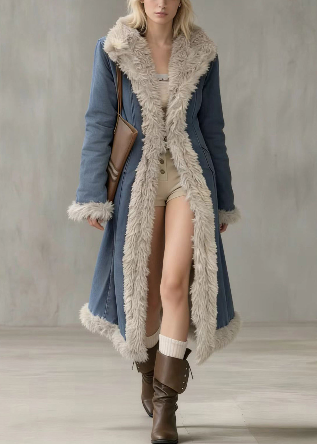 Italian Denim Blue Peter Pan Collar Patchwork Faux Fur Cotton Filled Trench Winter