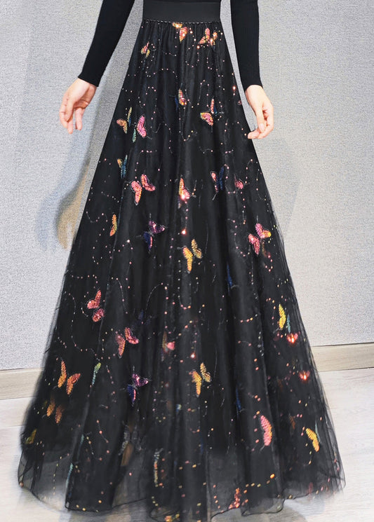 Italienische bestickte Blumen-Maxiröcke mit hoher Taille und Pailletten aus Tüll