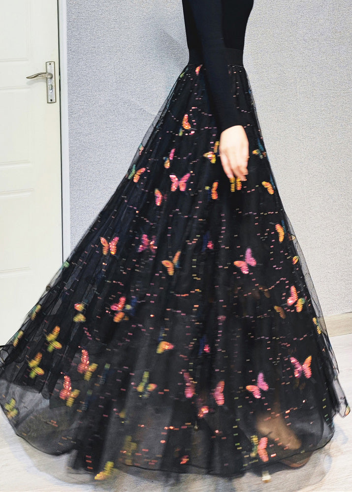 Italienische bestickte Blumen-Maxiröcke mit hoher Taille und Pailletten aus Tüll