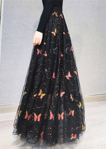 Italienische bestickte Blumen-Maxiröcke mit hoher Taille und Pailletten aus Tüll