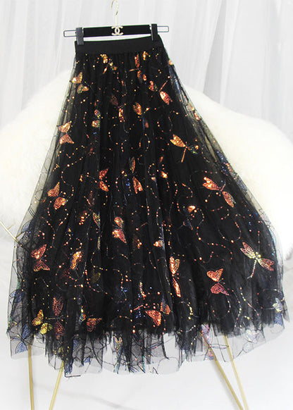 Italienische bestickte Blumen-Maxiröcke mit hoher Taille und Pailletten aus Tüll