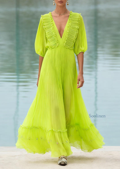Italian Fluorescent Green Ruffled Patchwork Chiffon Long Dress Summer