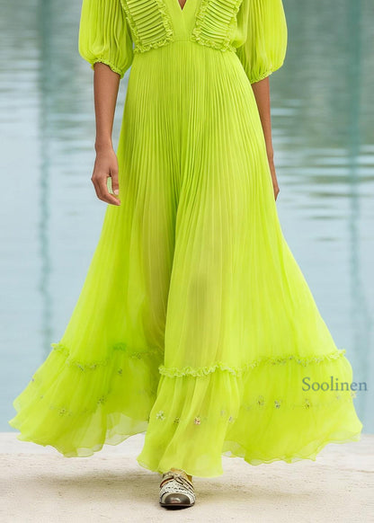 Italian Fluorescent Green Ruffled Patchwork Chiffon Long Dress Summer