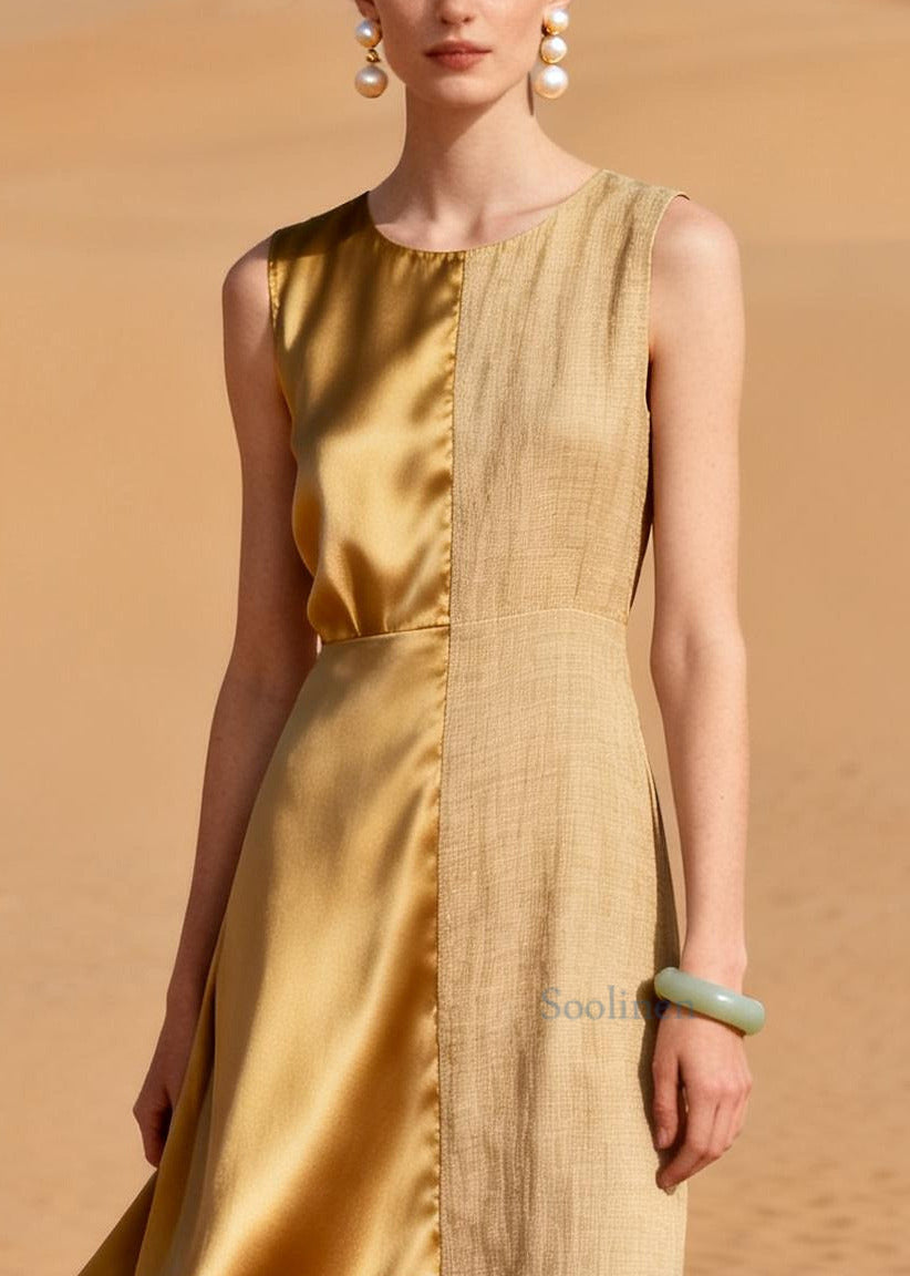 Italian Golden Asymmetrical Patchwork Linen Silk Long Dress Summer