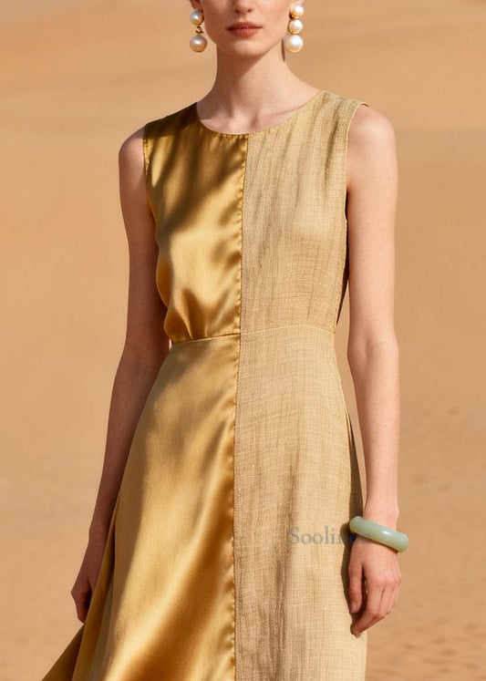 Italian Golden Asymmetrical Patchwork Linen Silk Long Dress Summer